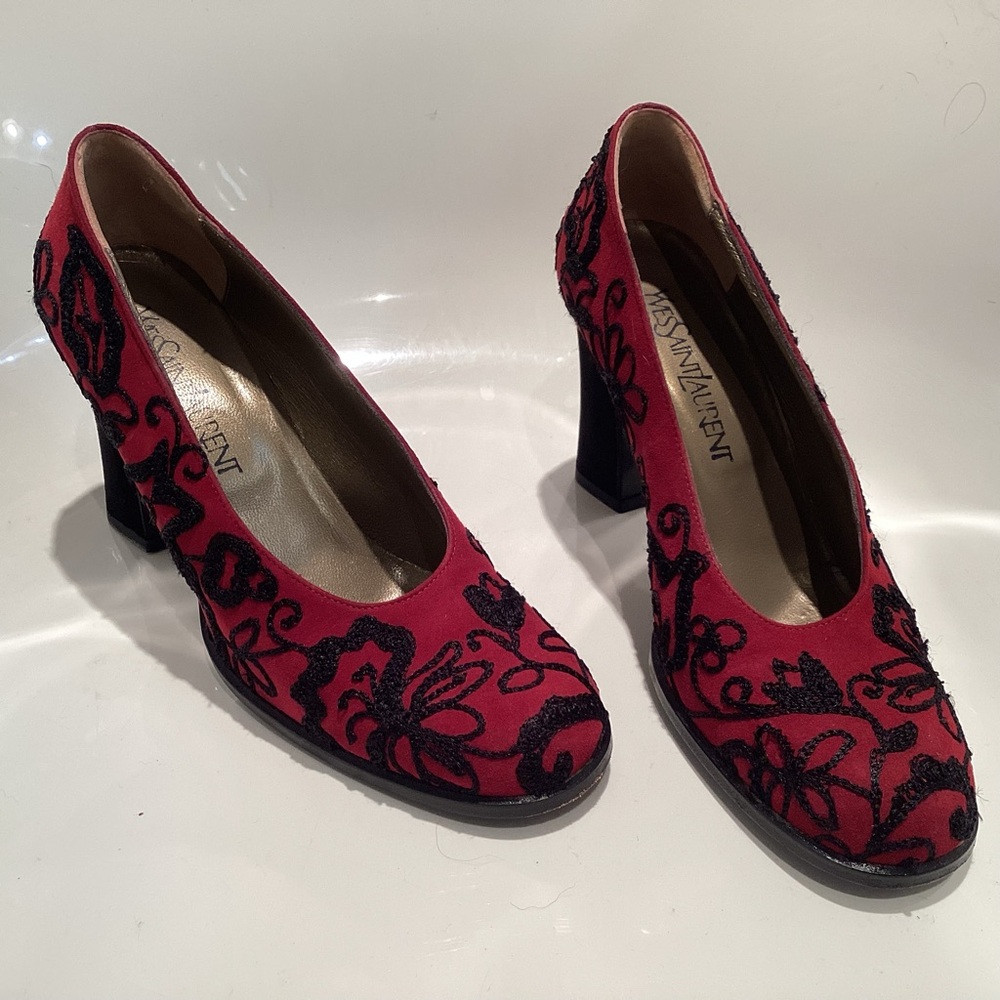 Yves Saint Laurent Raspberry Red and Black Floral Heels